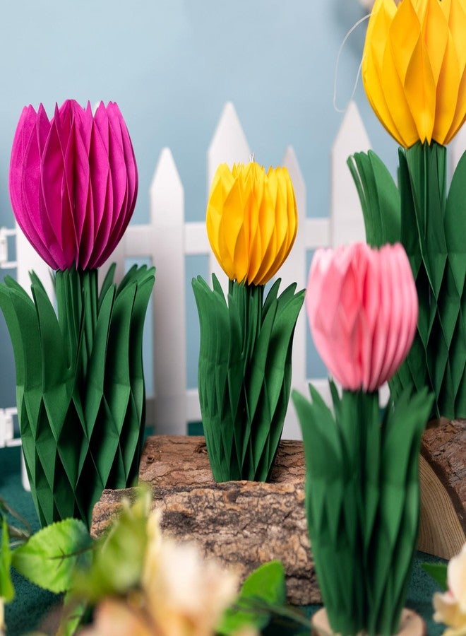PAPER JAZZ 8 PCS Tulip Flower Centerpieces for Tables,Garden Party Centerpiece Decorations,Paper Flower Tulip Honeycomb Decor Spring Home Decoration for Office Pink Yellow Decor Summer. - Image 4
